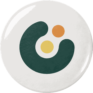 Le Jeton Toukela, recto : le grand « o » du logo sur fond blanc, anneau vert, cœur or et satellite abricot